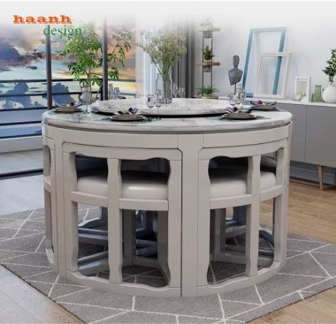 Bàn ăn tròn mở rộng màu trắng kèm ghế bo cong - BGA 016