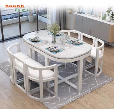 Bàn ăn tròn mở rộng màu trắng kèm ghế bo cong - BGA 016