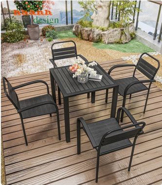 Bàn ghế chân sắt mặt gỗ nhựa ngoài trời bền đẹp NTG 009