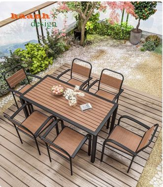 Bàn ghế chân sắt mặt gỗ nhựa ngoài trời bền đẹp NTG 009