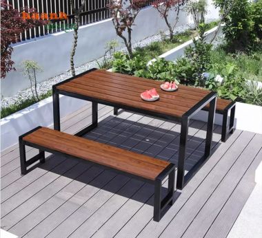 Bàn ghế ngoài trời chân sắt mặt gỗ teak NTG 008