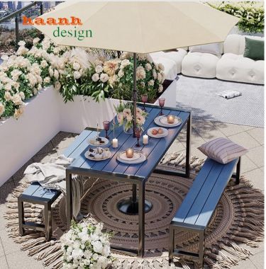 Bàn ghế ngoài trời chân sắt mặt gỗ teak NTG 008