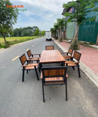 Bàn ghế chân sắt mặt gỗ teak tự nhiên NTG002