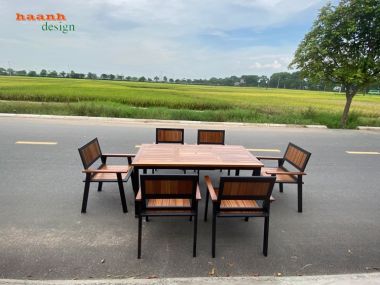 Bàn ghế chân sắt mặt gỗ teak tự nhiên NTG002