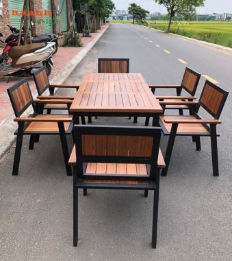 Bàn ghế chân sắt mặt gỗ teak tự nhiên NTG002