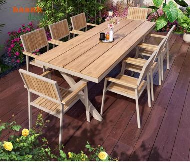Bàn ghế sân vườn chân sắt mặt gỗ Teak tiện dụng NTG 006