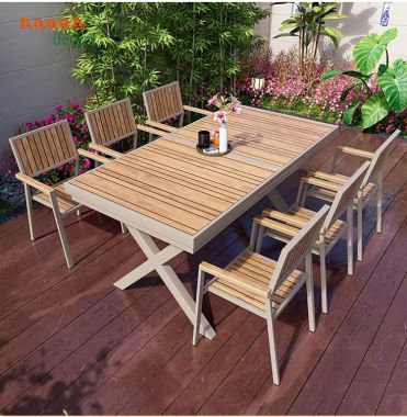 Bàn ghế sân vườn chân sắt mặt gỗ Teak tiện dụng NTG 006