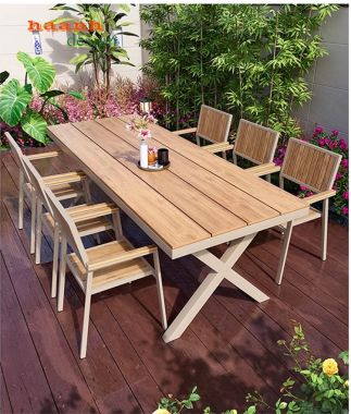 Bàn ghế sân vườn chân sắt mặt gỗ Teak tiện dụng NTG 006