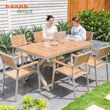  Bàn ghế sắt sơn tĩnh điện kết hợp gỗ ngoài trời sân vườn NTG 003