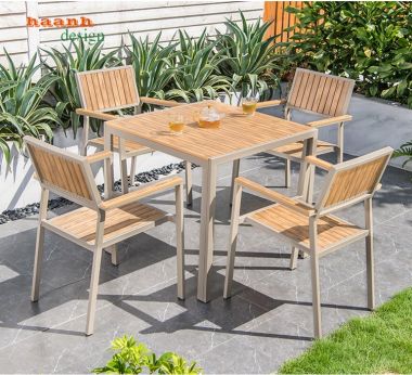  Bàn ghế sắt sơn tĩnh điện kết hợp gỗ ngoài trời sân vườn NTG 003