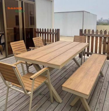 Bàn ghế sân vườn chân sắt mặt gỗ Teak ngoài trời chất lượng. NTG 010