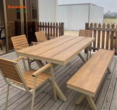 Bàn ghế sân vườn chân sắt mặt gỗ Teak ngoài trời chất lượng. NTG 010