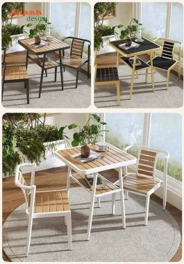Bộ Bàn Ghế Sắt Ngoài Trời Kết Hợp Gỗ Nhựa Hiện Đại-BGS 006