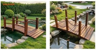Cầu gỗ ngoài trời dáng cong lan can hai bên - CGN 014