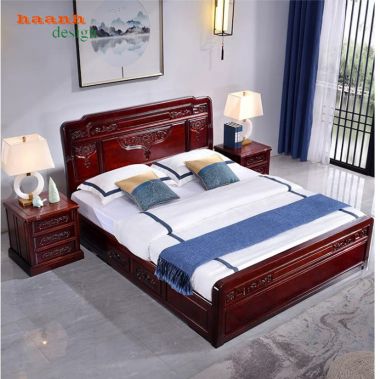 Giường ngủ gỗ tự nhiên giả cổ chạm hoa văn - GNC 016