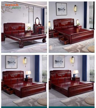 Giường ngủ gỗ tự nhiên giả cổ chạm hoa văn - GNC 016