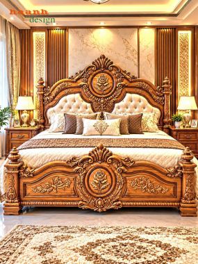 Giường ngủ gỗ tân cổ điển chạm khắc hoa văn - GGC 018