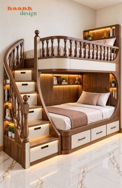 Giường tầng trẻ em gỗ tự nhiên có cầu thang ngăn kéo - GTE 018