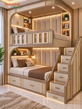 Giường tầng trẻ em gỗ tự nhiên có cầu thang ngăn kéo - GTE 018