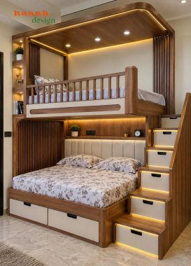 Giường tầng trẻ em gỗ tự nhiên có cầu thang ngăn kéo - GTE 018