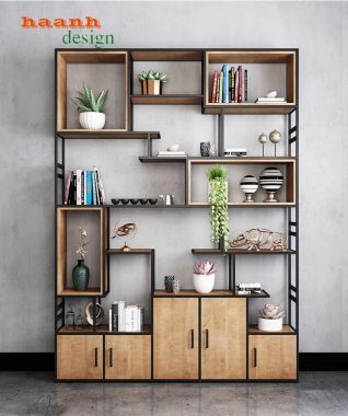 Kệ sắt trang trí kết hợp gỗ văn phòng KTS 005