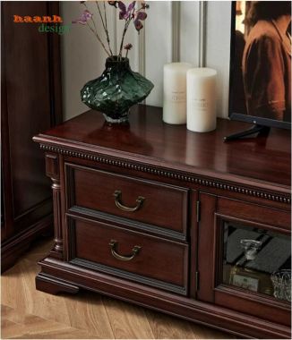 Kệ tivi tân cổ điển 4 ngăn kéo 2 cánh kính - KTD 014