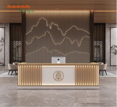 Quầy lễ tân văn phòng gỗ công nghiệp hiện đại chuyên nghiệp QLT 003