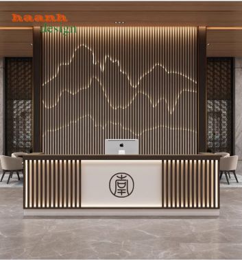 Quầy lễ tân văn phòng gỗ công nghiệp hiện đại chuyên nghiệp QLT 003