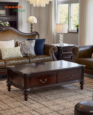 Sofa tân cổ điển màu nâu với tựa cong, tay cuộn - SFC 012