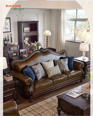 Sofa tân cổ điển màu nâu với tựa cong, tay cuộn - SFC 012