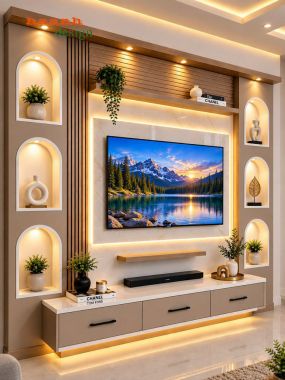 Tủ trang trí kết hợp kệ tivi nâu phối kem - TPK 020
