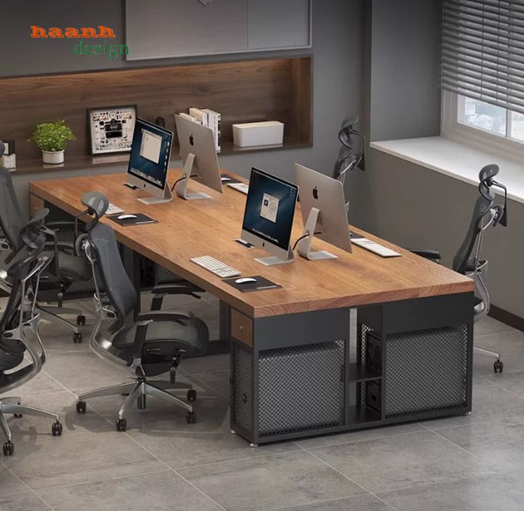 bàn nhân viên chân sắt mặt gỗ hiện đại
