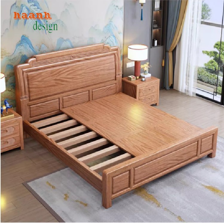 Vân gỗ hương tự nhiên nổi bật trên bề mặt giường ngủ