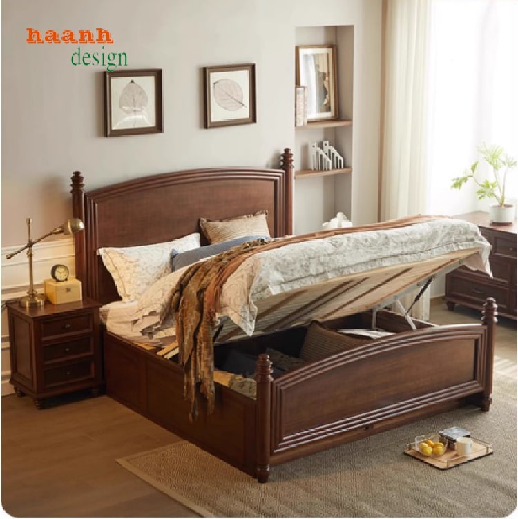Không gian nội thất đồng bộ với giường gỗ sồi tự nhiên