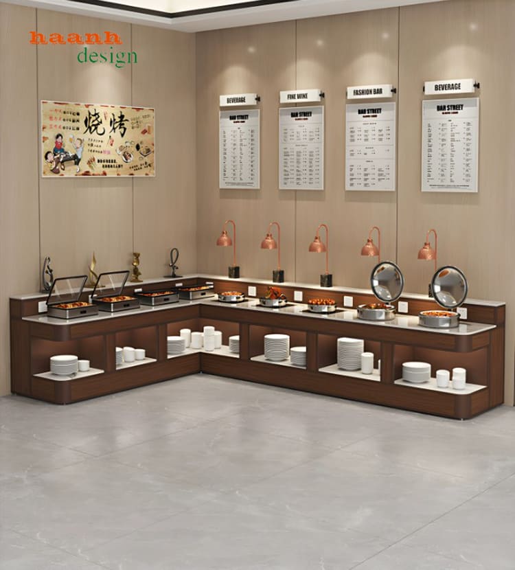 BFF 009 phối nâu trong không gian buffet BFF 009 phối nâu với nhiều vị trí trưng bày món