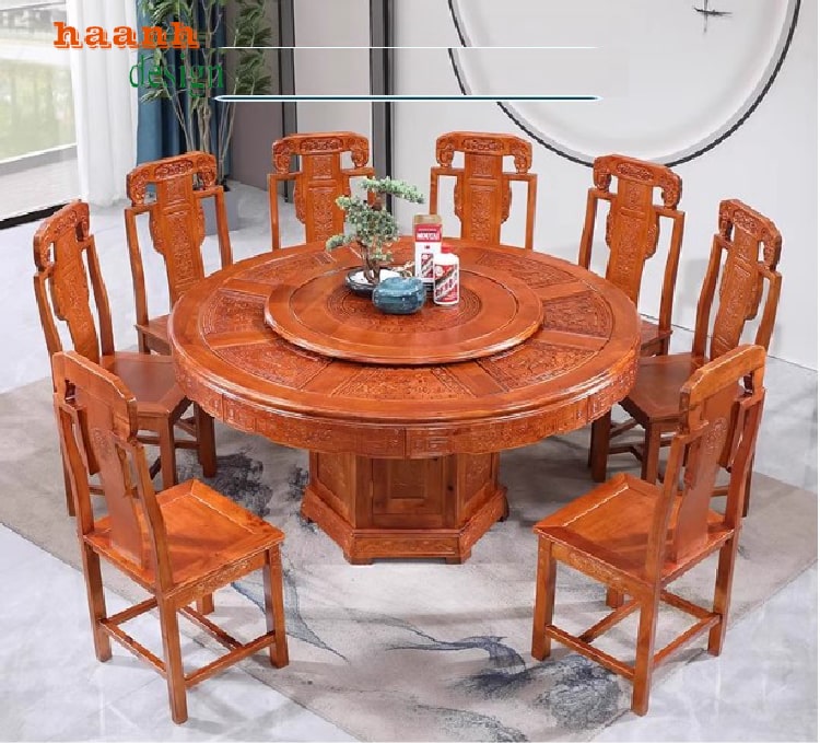 Hoa văn tứ linh tinh xảo trên bàn ghế ăn gỗ tự nhiên
