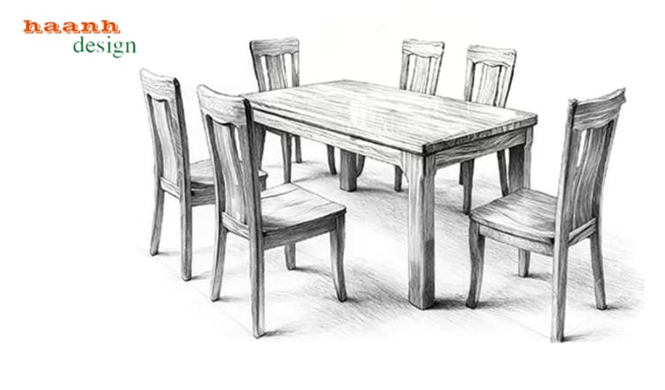 Góc nhìn bộ bàn ghế ăn BGA 014 Bàn ghế ăn gỗ tự nhiên BGA 014 nhìn từ góc chéo