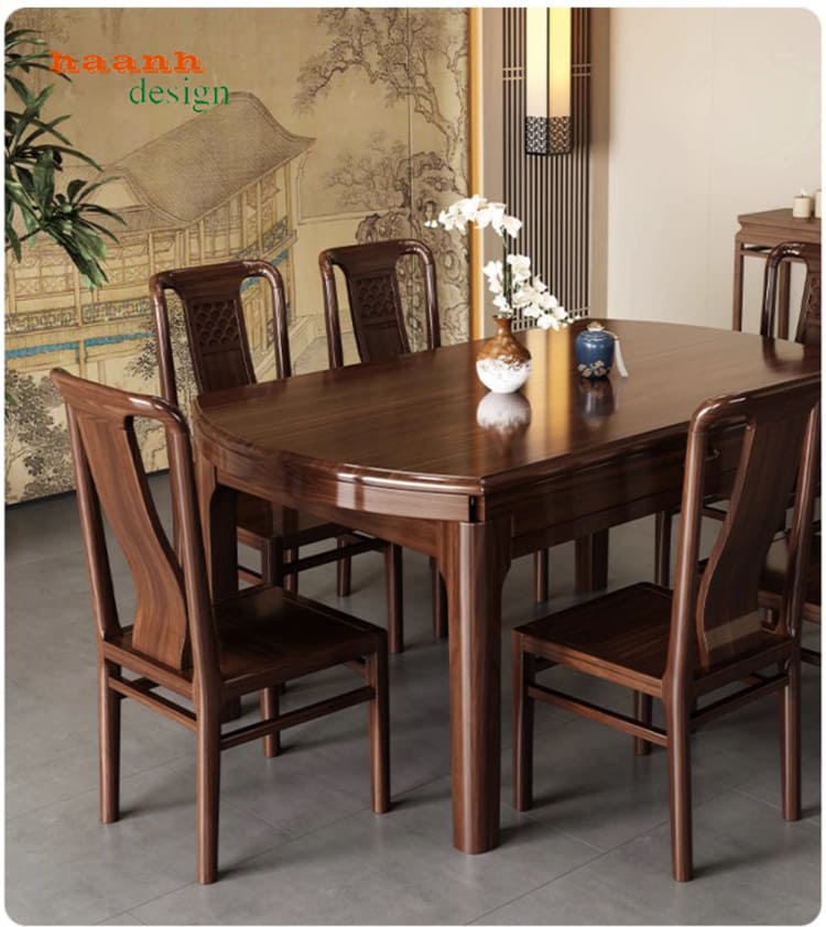 Bộ bàn ăn BGA 015 trong không gian thực tế Bộ bàn ăn BGA 015 tông nâu sẫm trong không gian phòng ăn