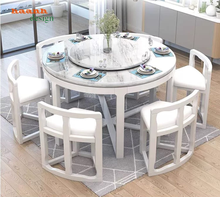 Bàn ăn tròn mở rộng màu trắng kèm ghế bo cong - BGA 016