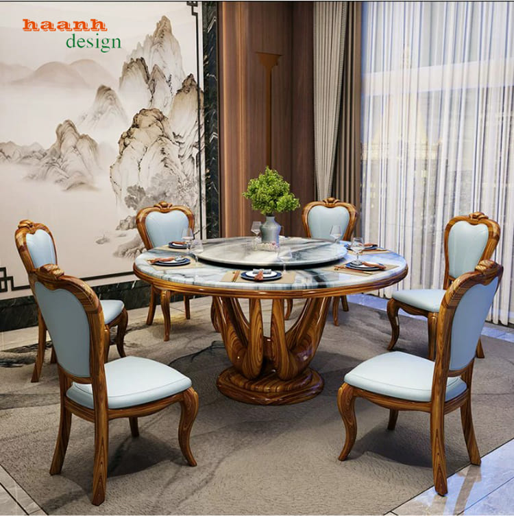Bộ BAC 011 trong phòng ăn Bộ bàn ghế ăn tân cổ điển BAC 011 nhìn từ góc rộng
