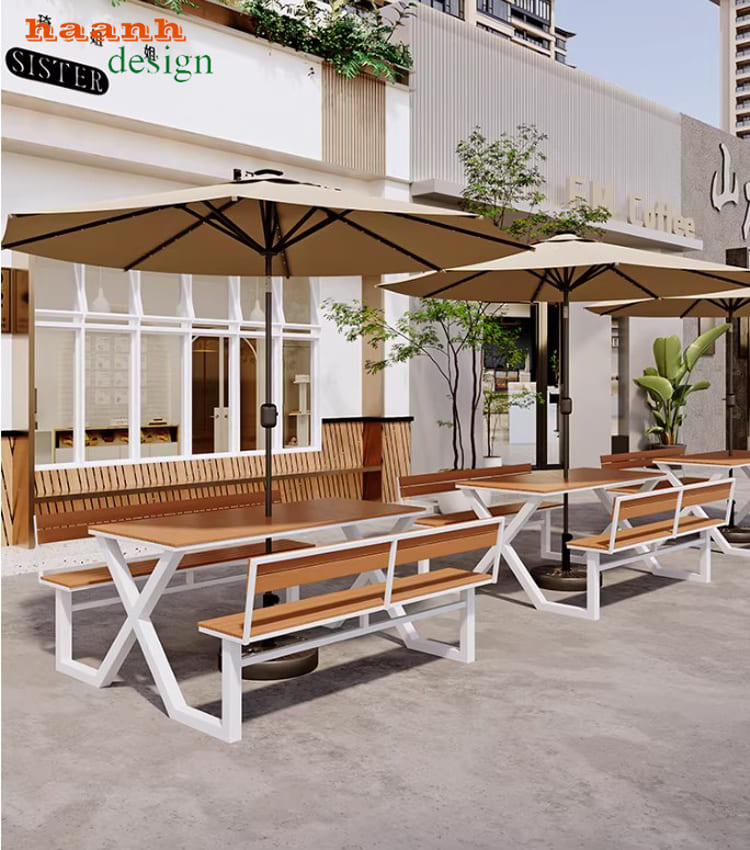 bàn ghế cafe ngoài trời chân sắt mặt gỗ teak hiện đại