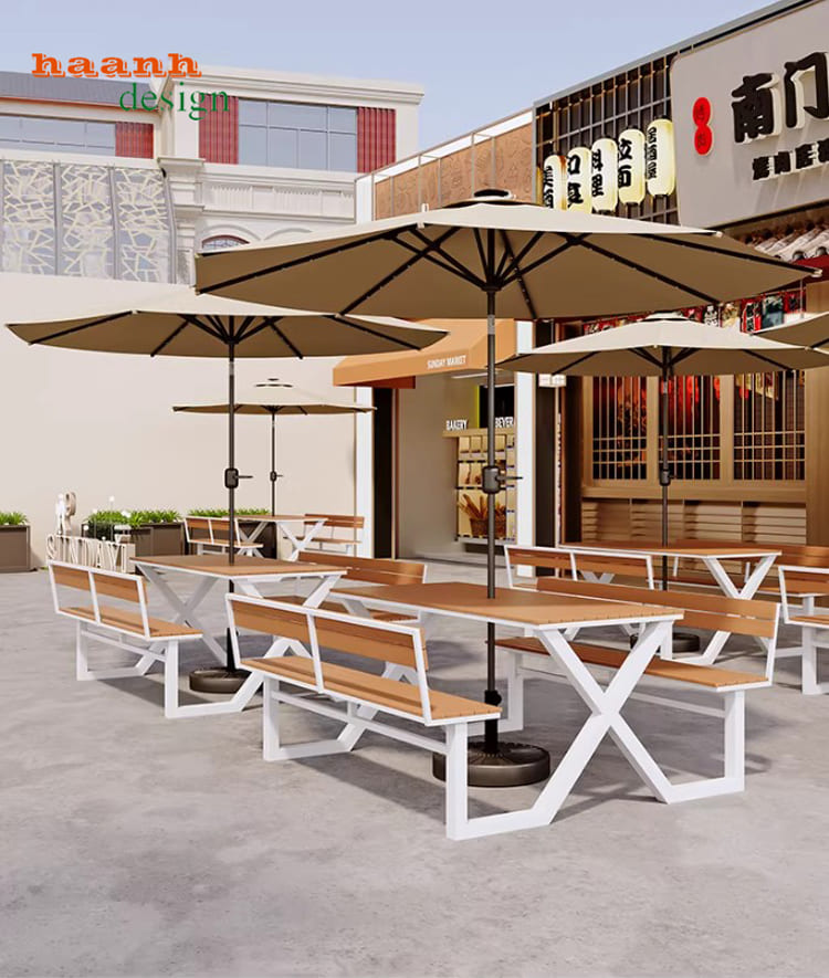 bàn ghế cafe ngoài trời phong cách hiện đại văng dài