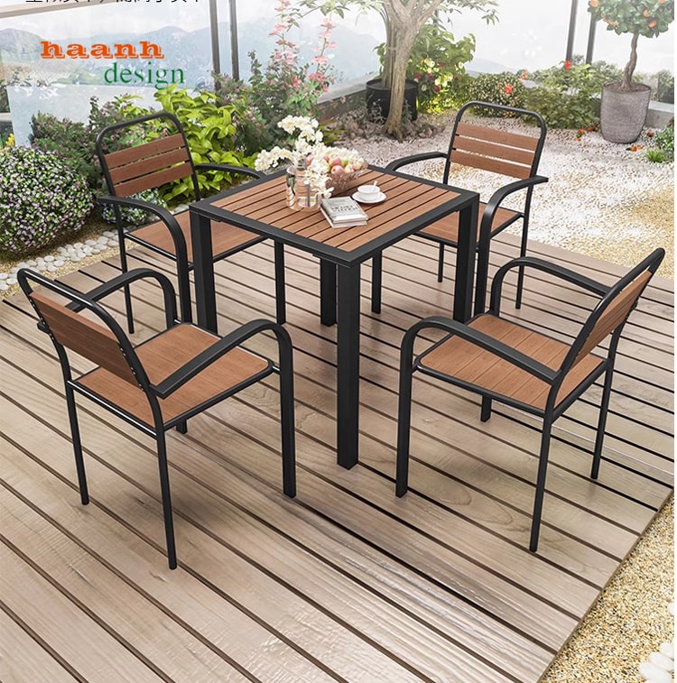 Bàn ghế chân sắt mặt gỗ nhựa