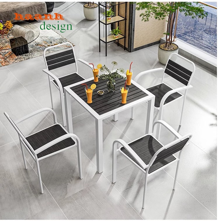 Bàn ghế chân sắt mặt gỗ nhựa