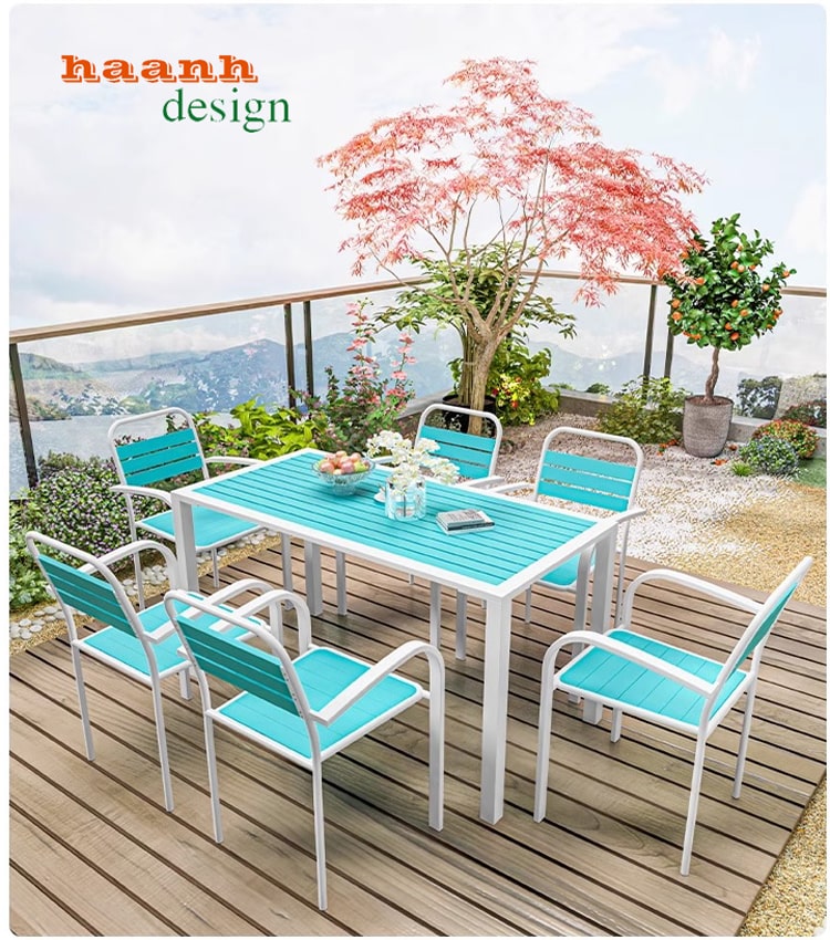 Bàn ghế chân sắt mặt gỗ nhựa