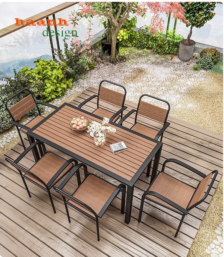 Bàn ghế chân sắt mặt gỗ nhựa