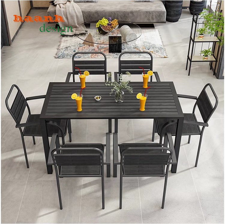 Bàn ghế chân sắt mặt gỗ nhựa