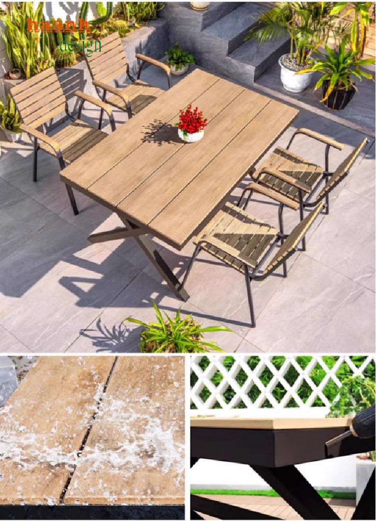 Bàn ghế chân sắt mặt gỗ teak