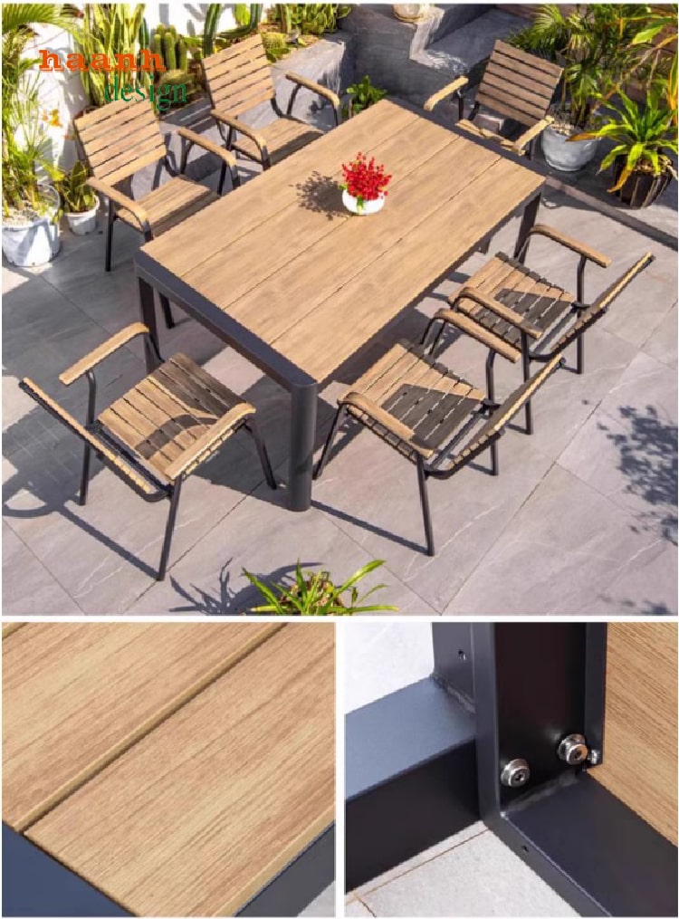 Bàn ghế chân sắt mặt gỗ teak
