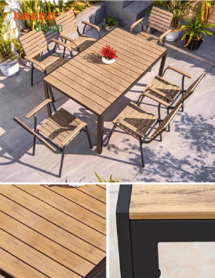 Bàn ghế chân sắt mặt gỗ teak